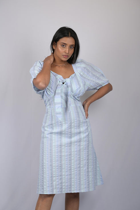 OWO THE LABEL Half Sleeve Dress for women western outfits Front Knot Puff Sleeves Dress (OTL-DRS1048)